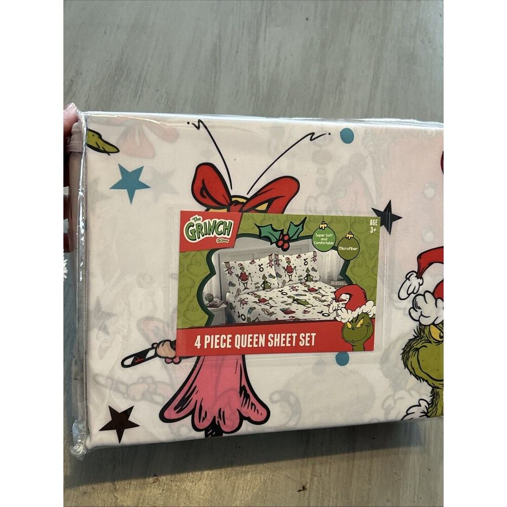 NEW Dr Seuss Grinch Queen Christmas Holiday Sheet Set 4 Piece Flat Fitted